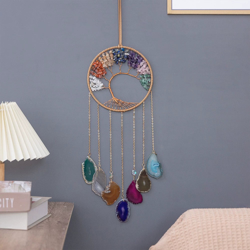 Crystal Moon Dreamcatcher Wind Chime - Kawaii Crescent Sun Catcher with Natural Stone Agate - Boho Wall Hanging for Gaming Room Bedroom - Aesthetic Window Decor for Gamer Girls