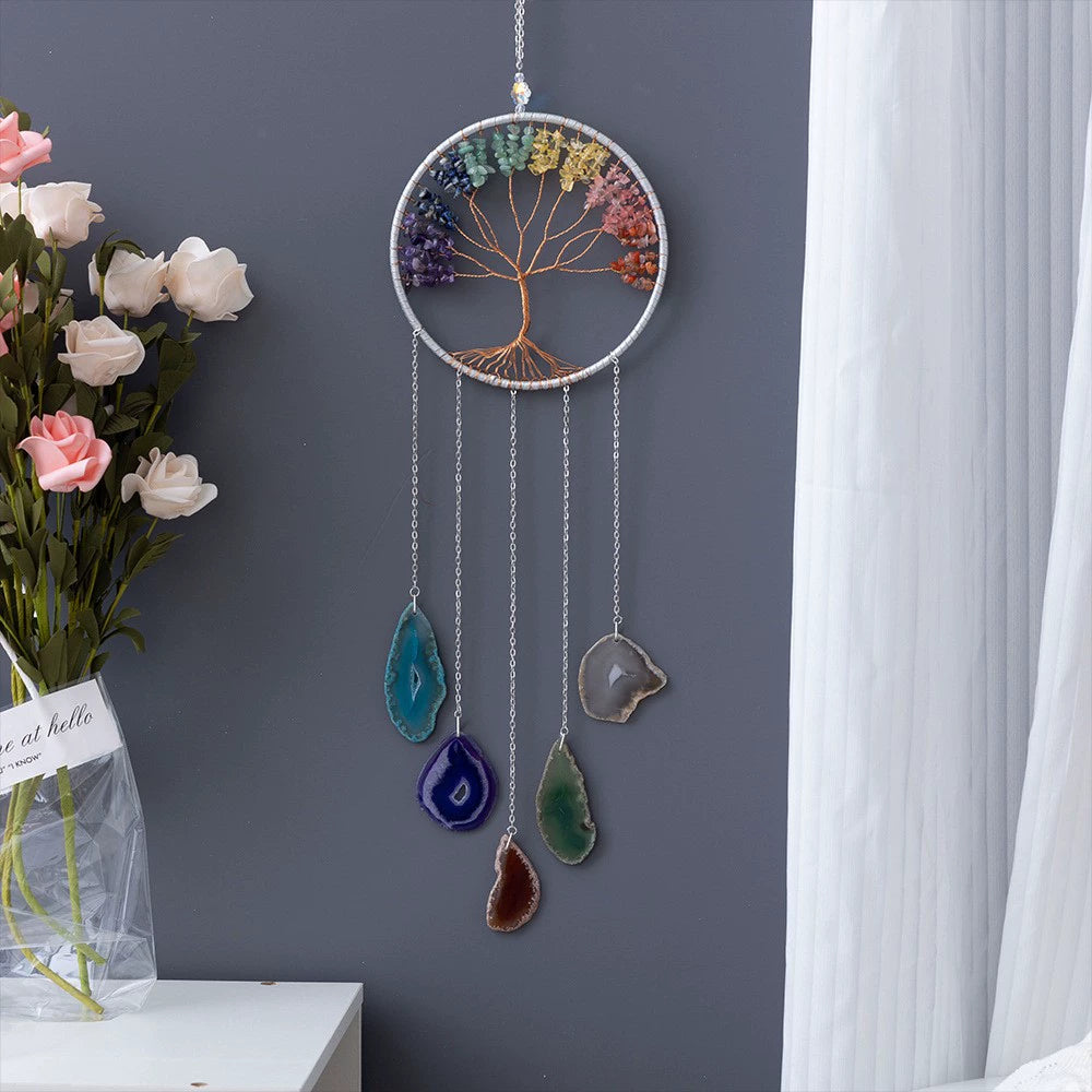 Crystal Moon Dreamcatcher Wind Chime - Kawaii Crescent Sun Catcher with Natural Stone Agate - Boho Wall Hanging for Gaming Room Bedroom - Aesthetic Window Decor for Gamer Girls
