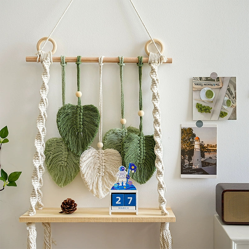 Boho Macrame Leaf Wall Shelf  Handwoven Hanging Organizer, Nordic Tapestry Decor with Wood Board