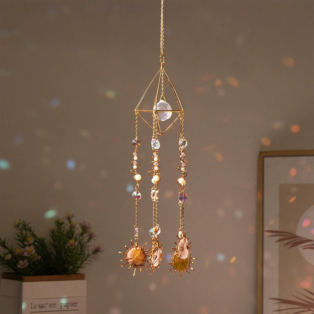 Crystal Moon Dreamcatcher Wind Chime - Kawaii Crescent Sun Catcher with Natural Stone Agate - Boho Wall Hanging for Gaming Room Bedroom - Aesthetic Window Decor for Gamer Girls
