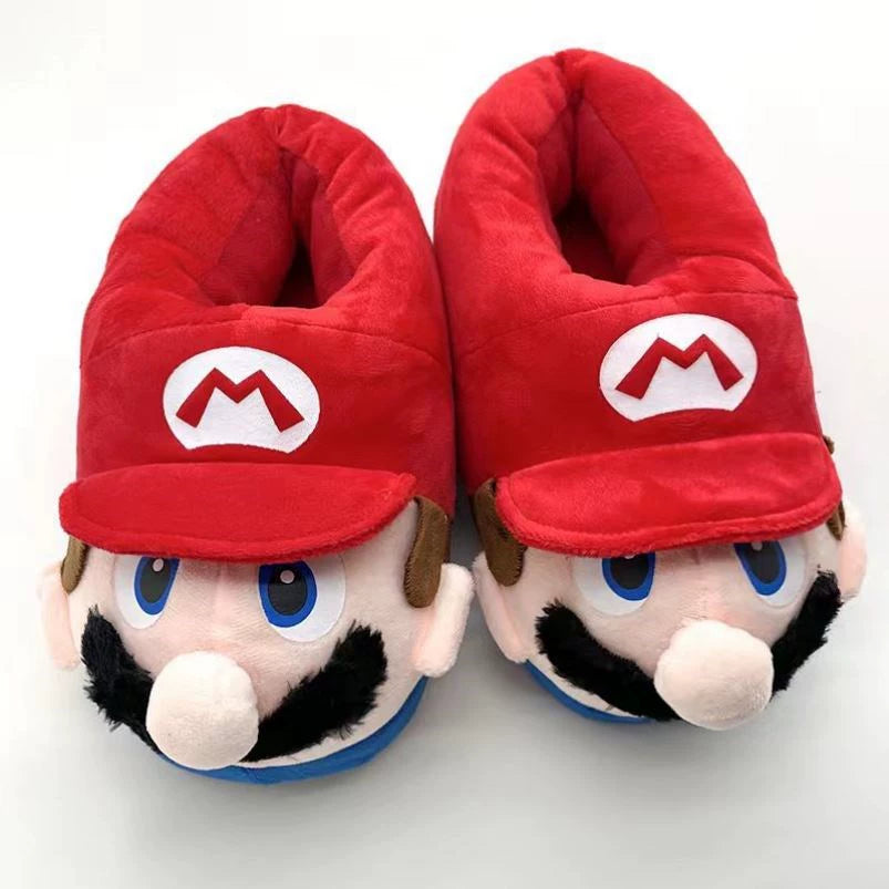 Kawaii Mario Face Slippers - Cute Character Plush House Shoes Red or Green - Cozy Winter Cotton Slippers for Gaming Room - Aesthetic Couple Bedroom Slippers for Gamer Girls