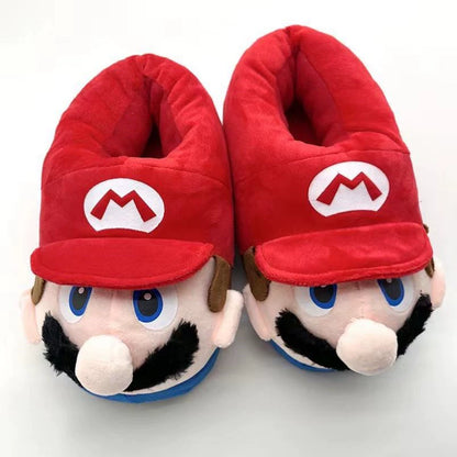 Kawaii Mario Face Slippers - Cute Character Plush House Shoes Red or Green - Cozy Winter Cotton Slippers for Gaming Room - Aesthetic Couple Bedroom Slippers for Gamer Girls