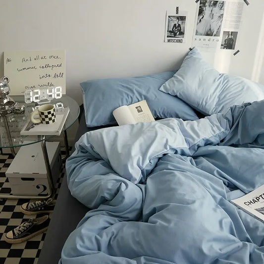 Solid-Color Bedding Set  Duvet Cover & Sheet (4Pieces), Breathable & Fade-Resistant for Dorms and Home